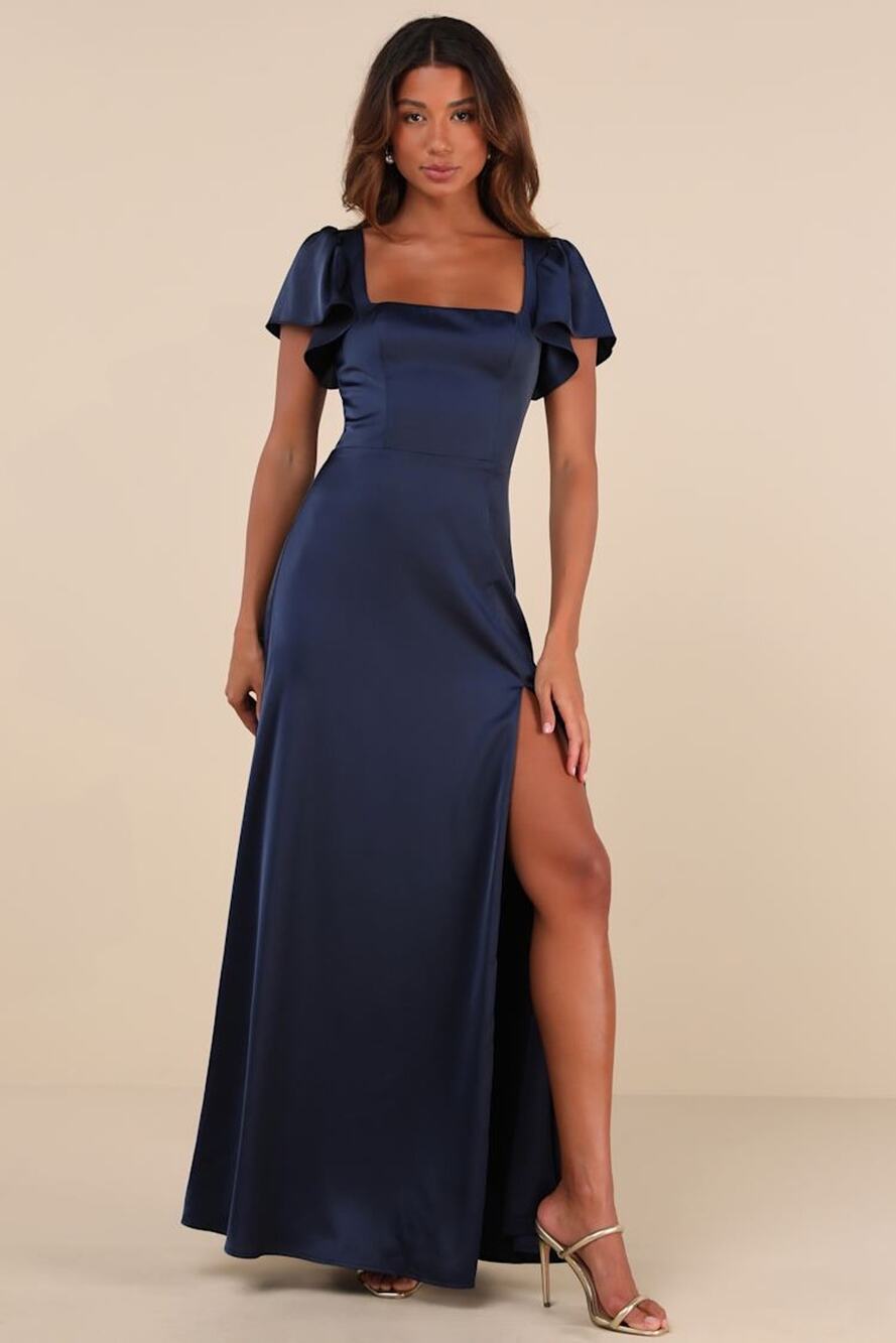 NWT Lulus Ultimate Sweetness Navy Satin Flutter Sleeve Maxi Dress Wedding Sz L